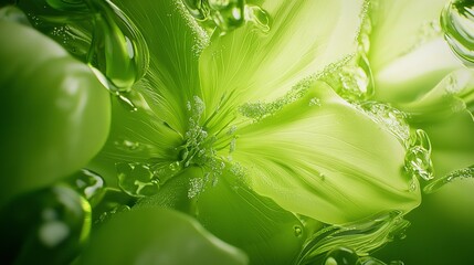   A close-up of a green flower with water droplets on its petals and center