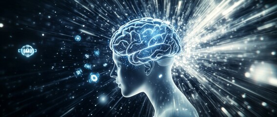 Poster - This is a blue digital head with a brain and gears inside it, with a black background and white light rays. Stock Photo