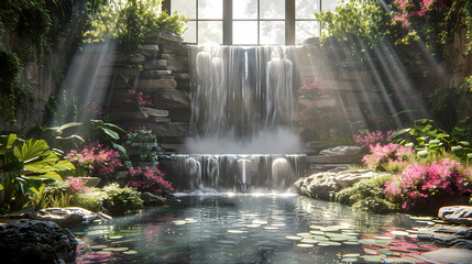 Luxurious waterfall garden inside the house,16K,photostock style