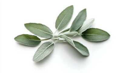 Wall Mural - A sprig of sage leaves arranged on a white background, showcasing their texture and color.