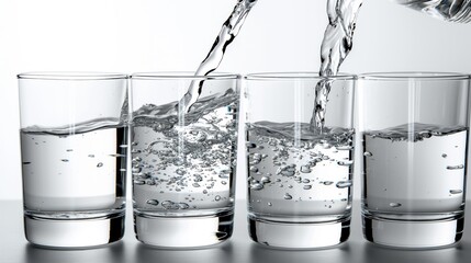 Poster - Glass collection with water pouring in. Fresh, clear, and cold drink in isolated background. Sparkling water, bubbles, and condensation on glass. Healthy lifestyle and refreshment.