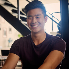 Poster - Happy asian man, portrait and designer with creative mindset, ambition or career startup at office. Face of young male person or employee with smile for internship or job opportunity at workplace