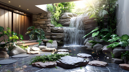 Luxurious waterfall garden inside the house,16K,photostock style