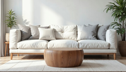 Sticker - Round wood coffee table against white sofa. Scandinavian home interior design of modern living room.