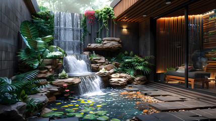 Luxurious waterfall garden inside the house,16K,photostock style