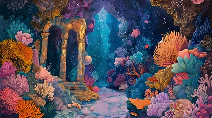 Wall Mural - Underwater Ruins with Coral Reef.