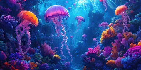 Wall Mural - Vibrant jellyfish swim amongst colorful coral.