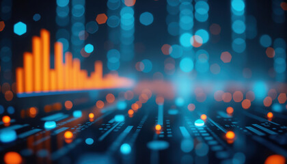 Poster - Glowing Bar Charts and Graphs: Abstract digital image featuring glowing bar charts and graphs in blue and orange hues, symbolizing financial data and market trends.
