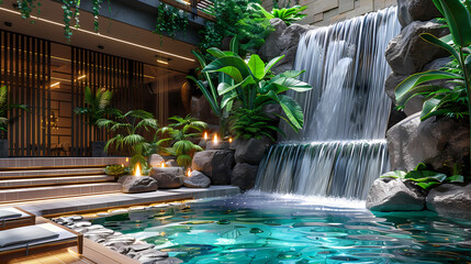 Luxurious waterfall garden inside the house,16K,photostock style