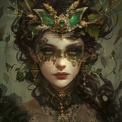 A mystical woman adorned with nature-inspired crown and green accents. Intricate details create a fairytale feel. Perfect for fantasy art enthusiasts. Generative AI