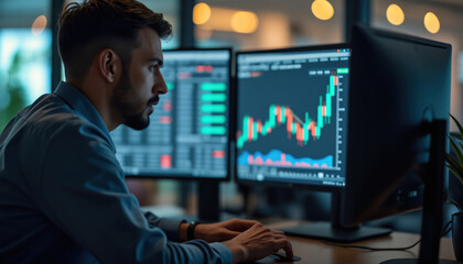 Poster - Financial Analyst Evaluating Market Trends on Screens: A financial analyst evaluating market trends on multiple screens, symbolizing strategic planning and data-driven insights.
