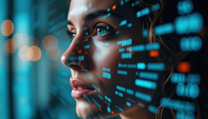 Poster - Businesswoman with Digital Financial Overlay: A businesswoman with a digital overlay of financial data, representing strategic insights and data-driven decision-making.