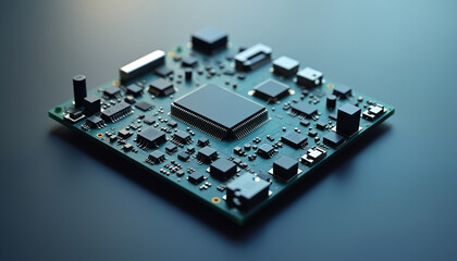 Poster - Advanced Circuit Board with Central Processor: A close-up of an advanced circuit board with a central processor, representing high-tech computing and AI technology.