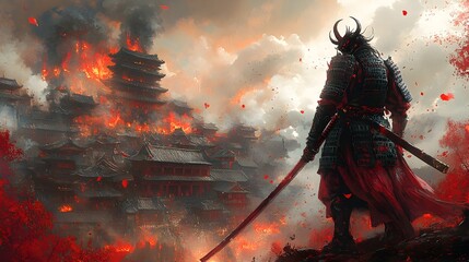 Demon Samurai Warrior Wielding Katana Amid Burning Temple Ruins