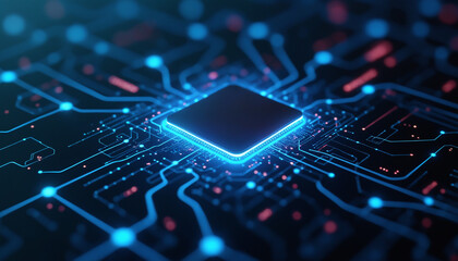 Poster - Microchip Icon with Network Integration: A microchip icon embedded in a digital network, symbolizing processing power, computing, and core technology in modern systems.