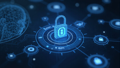 Poster - A blue padlock on a black background, surrounded by a futuristic interface and a wireframe human head, represents digital security and privacy in a high-tech world.