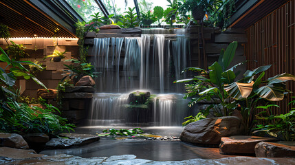 Luxurious waterfall garden inside the house,16K,photostock style