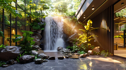 Luxurious waterfall garden inside the house,16K,photostock style