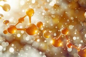 Poster - Golden Molecule, A 3D Illustration Depicting a Nutrient Molecule with Bokeh Background, Representing Anti-Aging Properties and Scientific Research.