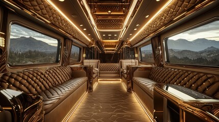 Sticker - Luxurious Interior of a Golden-Trimmed RV with Mountain Views