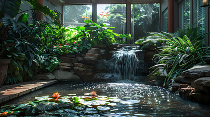 Luxurious waterfall garden inside the house,16K,photostock style