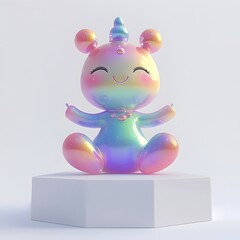 Whimsical Kawaii Figurine Sitting on Clean White Stage with Vibrant Colors