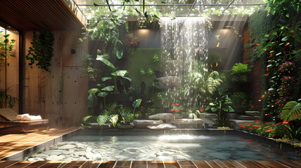 Luxurious waterfall garden inside the house,16K,photostock style