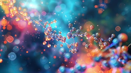 Wall Mural - Molecular Structure of a Nutrient Molecule Boosting Memory, Vibrant and Detailed 3D Render on a Colorful Bokeh Background