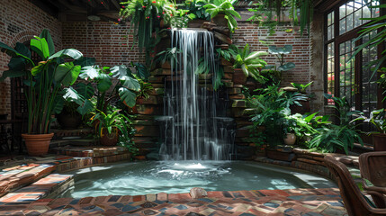 Luxurious waterfall garden inside the house,16K,photostock style