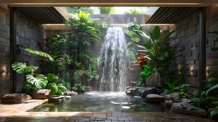 Luxurious waterfall garden inside the house,16K,photostock style