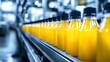 © Komkrit - A row of juice bottles moving along a well-lit factory production line, with precise alignment and automated machinery in the background, conveying a sense of industrial efficiency and high
