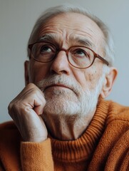 Aufkleber - An older man sits in a soft-lit room, resting his chin on his hand and gazing thoughtfully upward, lost in deep contemplation and reflection. Generative AI