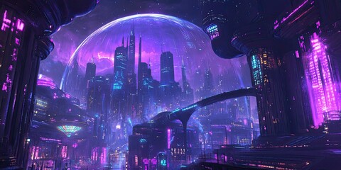 Futuristic city under a purple dome.