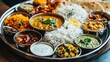 © 69 Timeless  Studio  - Close-up of a thali platter filled with a variety of Indian dishes like dal, rice, sabzi, pickles, and papad, showcasing the diversity and richness of Indian flavors and culinary traditions