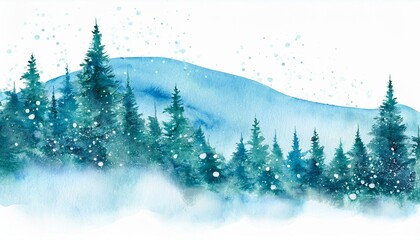 Watercolor landscape of foggy forest hill. Evergreen coniferous trees. Wild nature, frozen, misty, taiga. Horizontal watercolor background.