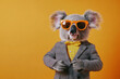 © Thierry C - Funky colorful Koala dressed in suit in funny look, with orange sunglasses and standing looking at the camera on an orange background like a studio shoot