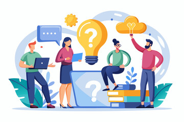 Poster - Question and answer, FAQ frequently asked questions, asking and reply to solve problem, help information, solution or q and a session concept, business people with question mark and lightbulb bubble
