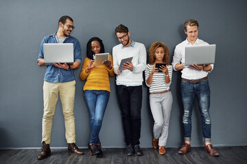 Poster - Recruitment, laptop and row with people for hiring, wait and paperless interview on tablet. Vacancy, job and employment candidate with document, work opportunity and queue for human resources