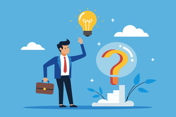 Poster - Question and answer, FAQ frequently asked questions, asking and reply to solve problem, help information, solution or q and a session concept, business people with question mark and lightbulb bubble
