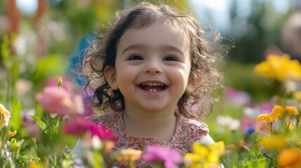 Poster - A cheerful toddler with curly hair enjoys playing in a vibrant garden filled with an array of colorful flowers under a clear sky. Generative AI