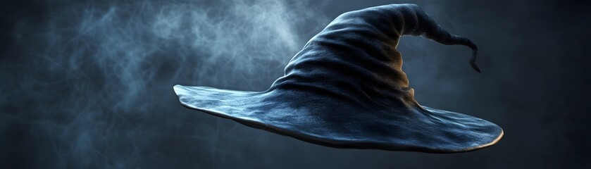 A mystical wizard hat surrounded by swirling smoke, evoking a sense of magic and enchantment in a dark setting.