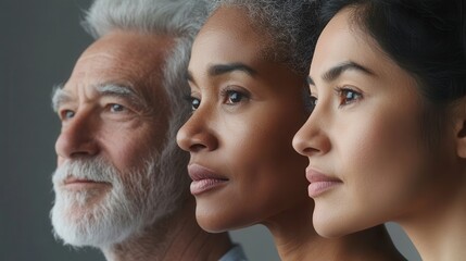 Poster - Three people of different ages and backgrounds pose side by side, highlighting their unique features and strength with proud expressions against a soft backdrop. Generative AI