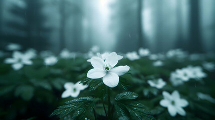 Canvas Print - Foggy Day The Woods With White Flowers