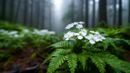 Canvas Print - Foggy Day The Woods With White Flowers