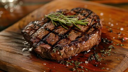 Juicy meat steak with artistic grill marks on a wooden board