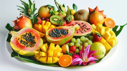 Wall Mural - Exotic fruit arrangement on a glossy white plate