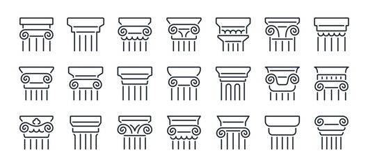 ancient pillar editable stroke outline icons set isolated on white background flat vector illustrati