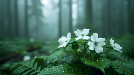 Poster - Foggy Day The Woods With White Flowers