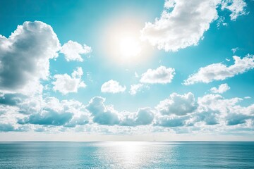 Panorama of clear sky background for summer vacation concept at ocean and summer sea water with sunlight of beautiful cloudy sky , ai