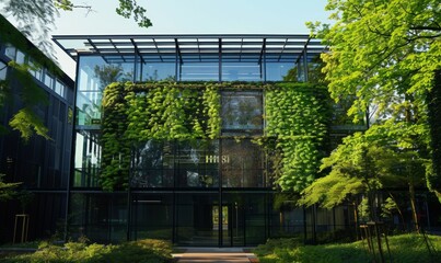 Glass building and green office in a modern city. Green, ecological and sustainable building. Carbon reduction and integration with nature